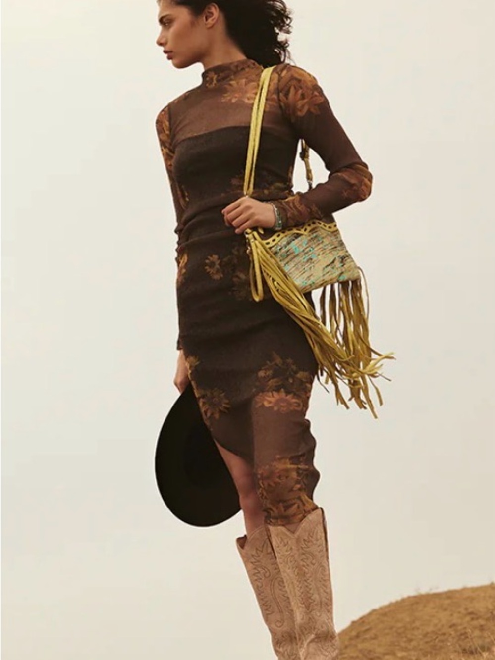 MYRA GOLD LEATHER HAIRON BAG TASSLE FRINGE METALIC TEAL YELLOW TOOLED CROSSBODY